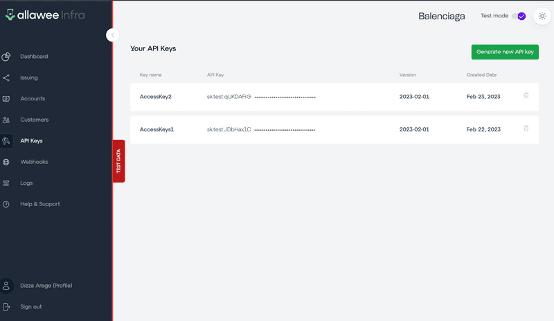 List of API keys
